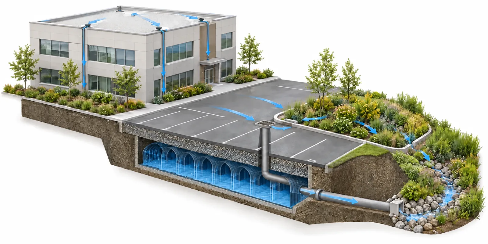 Commercial stormwater report concept showing drainage collection, planted treatment and underground storage