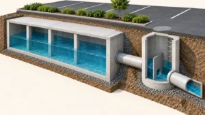 Conceptual stormwater detention storage connected to an accessible outlet-control chamber and downstream pipe.