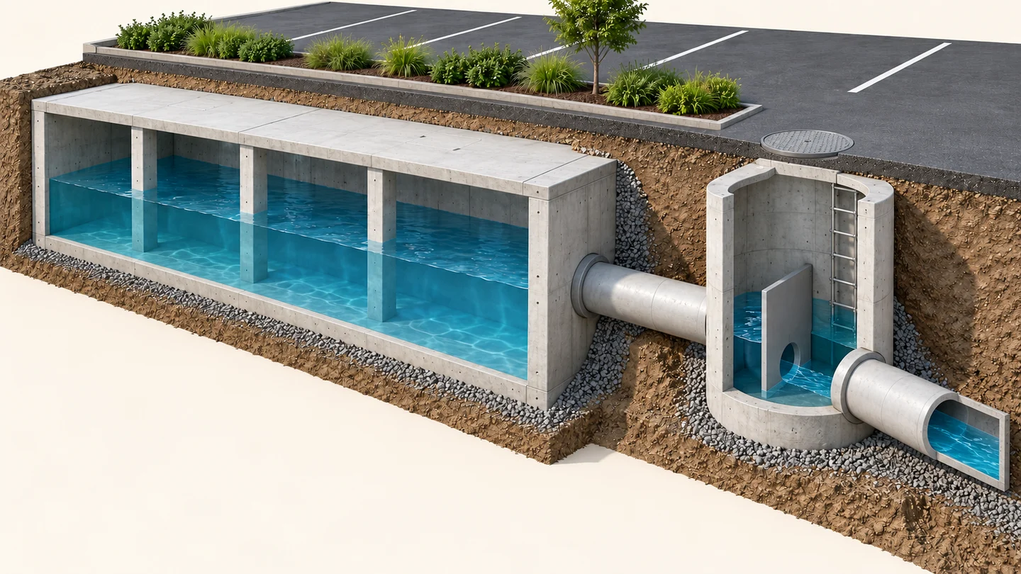 Conceptual stormwater detention storage connected to an accessible outlet-control chamber and downstream pipe.