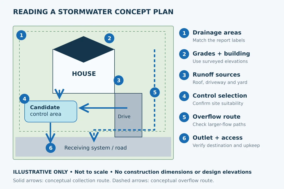 Illustrative stormwater plan showing a house, roof drainage, driveway runoff, a candidate control area, overflow route and outlet requiring verification.