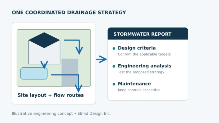 Illustrative site plan beside a stormwater report covering design criteria, engineering analysis and maintenance.
