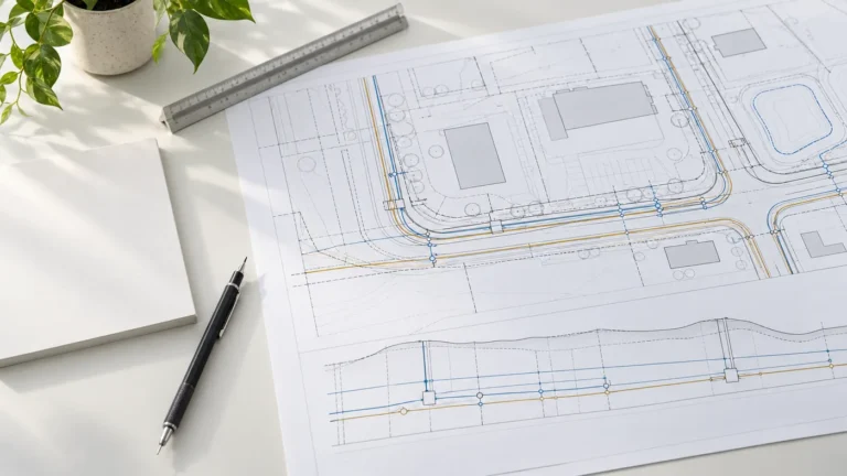 Conceptual site servicing plan and utility profile drawings on a light desk with a mechanical pencil and scale ruler.