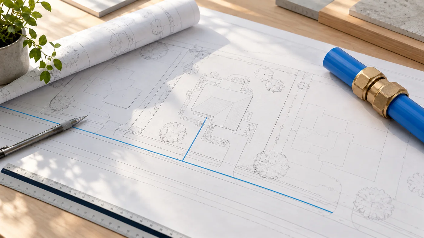 Illustrative water service upgrade plan showing a house connection joining a continuous water main, with blue pipe and a brass fitting.