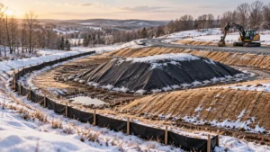 Winter ESC plan concept with a covered soil stockpile, erosion control blankets and perimeter silt fence at a snow-covered construction site.