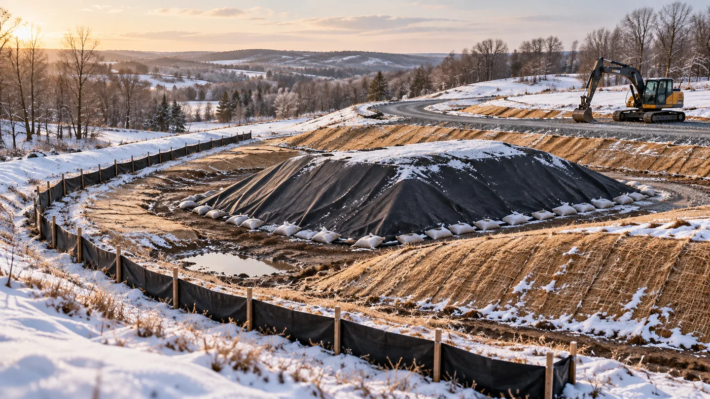 Winter ESC plan concept with a covered soil stockpile, erosion control blankets and perimeter silt fence at a snow-covered construction site.